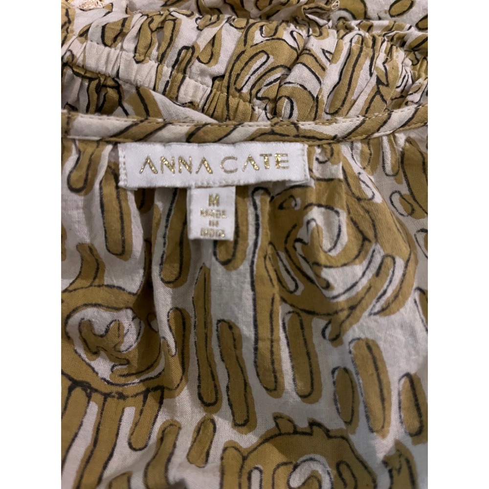 Anna Cate Mustard Cream Abstract Print Tiered Cotton Maxi Dress Puff Sleeve M - Picture 3 of 7